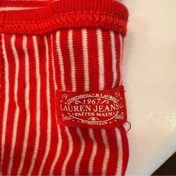 Lauren Ralph Lauren Top Boat Neck w/ buttons Red/white Stripes Logo Pocket XL - Picture 9 of 10